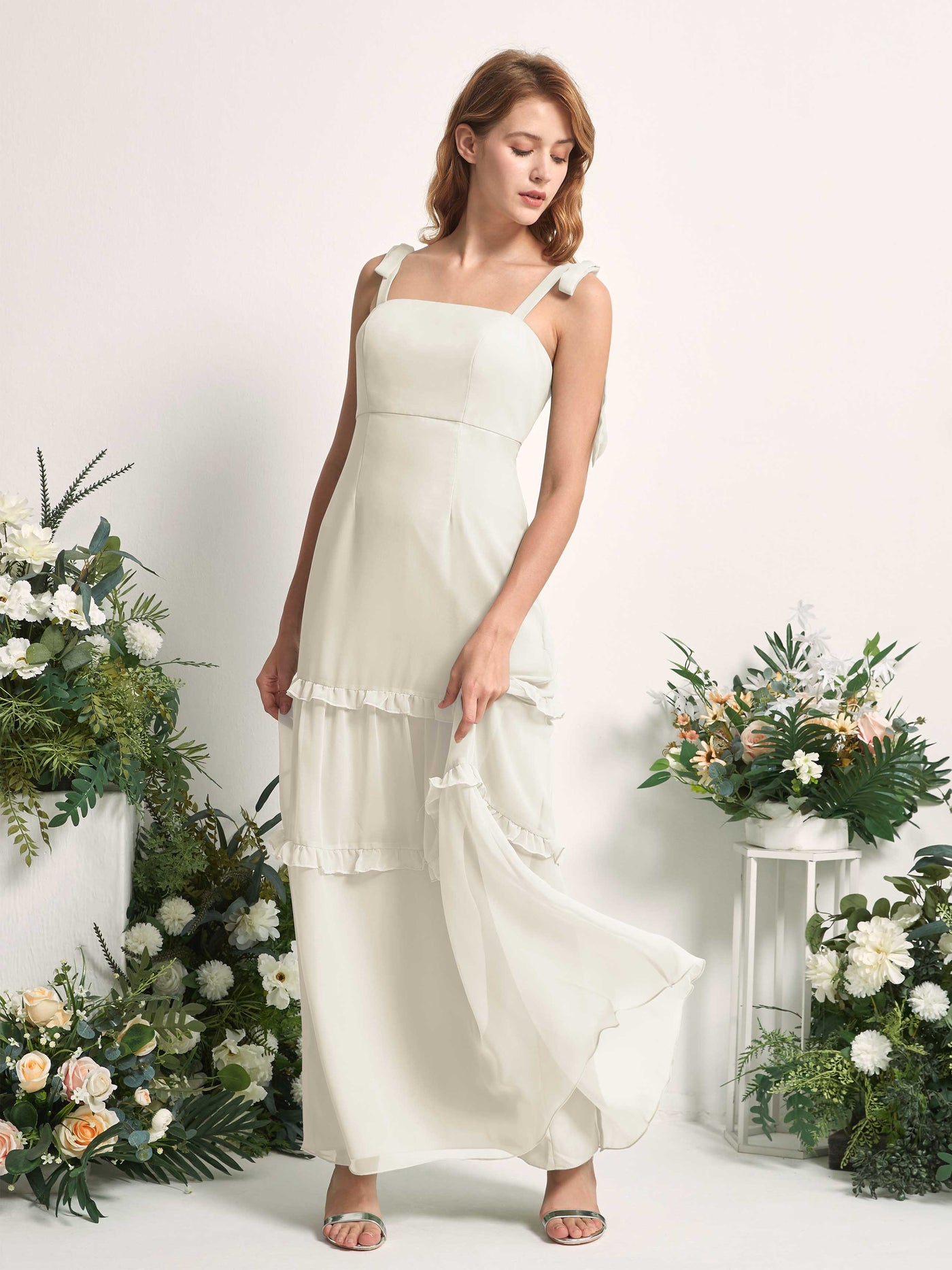 Carlyna A-Linien-Kleid Bodenlang Geradem Ausschnitt Rüschen Chiffon Brautjungfernkleid Elfenbein #farbe_elfenbein
