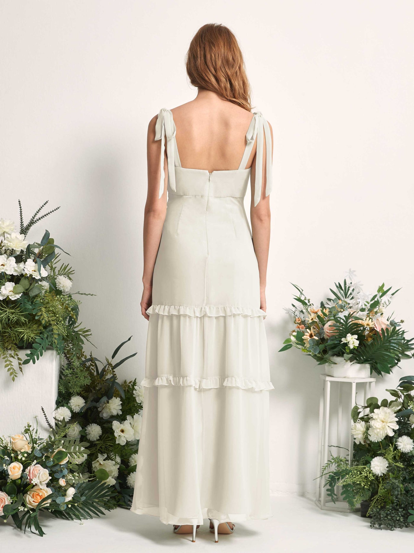 Carlyna A-Linien-Kleid Bodenlang Geradem Ausschnitt Rüschen Chiffon Brautjungfernkleid Elfenbein #farbe_elfenbein