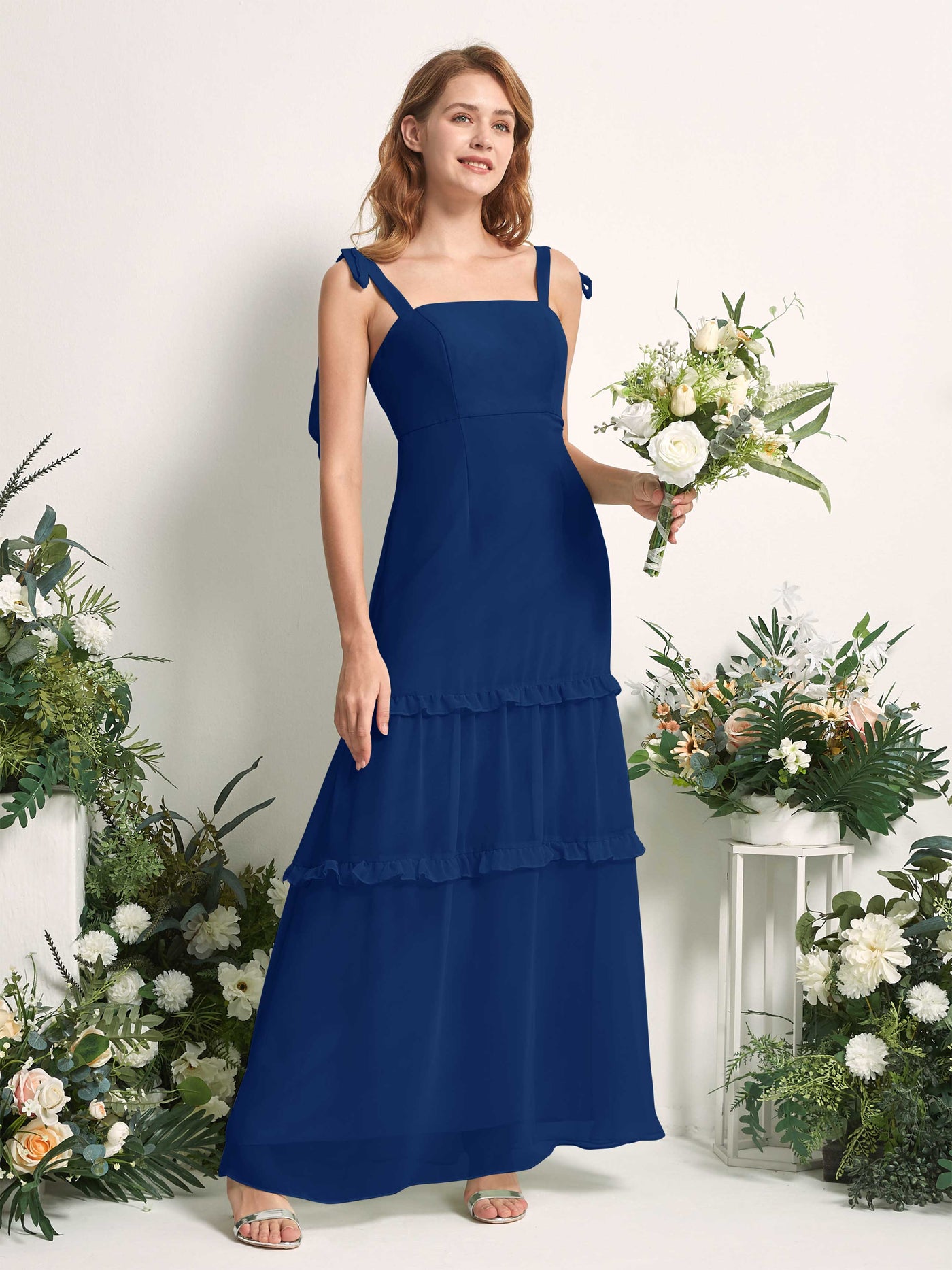 Carlyna A-Linien-Kleid Bodenlang Geradem Ausschnitt Rüschen Chiffon Brautjungfernkleid Königsblau #farbe_k-nigsblau