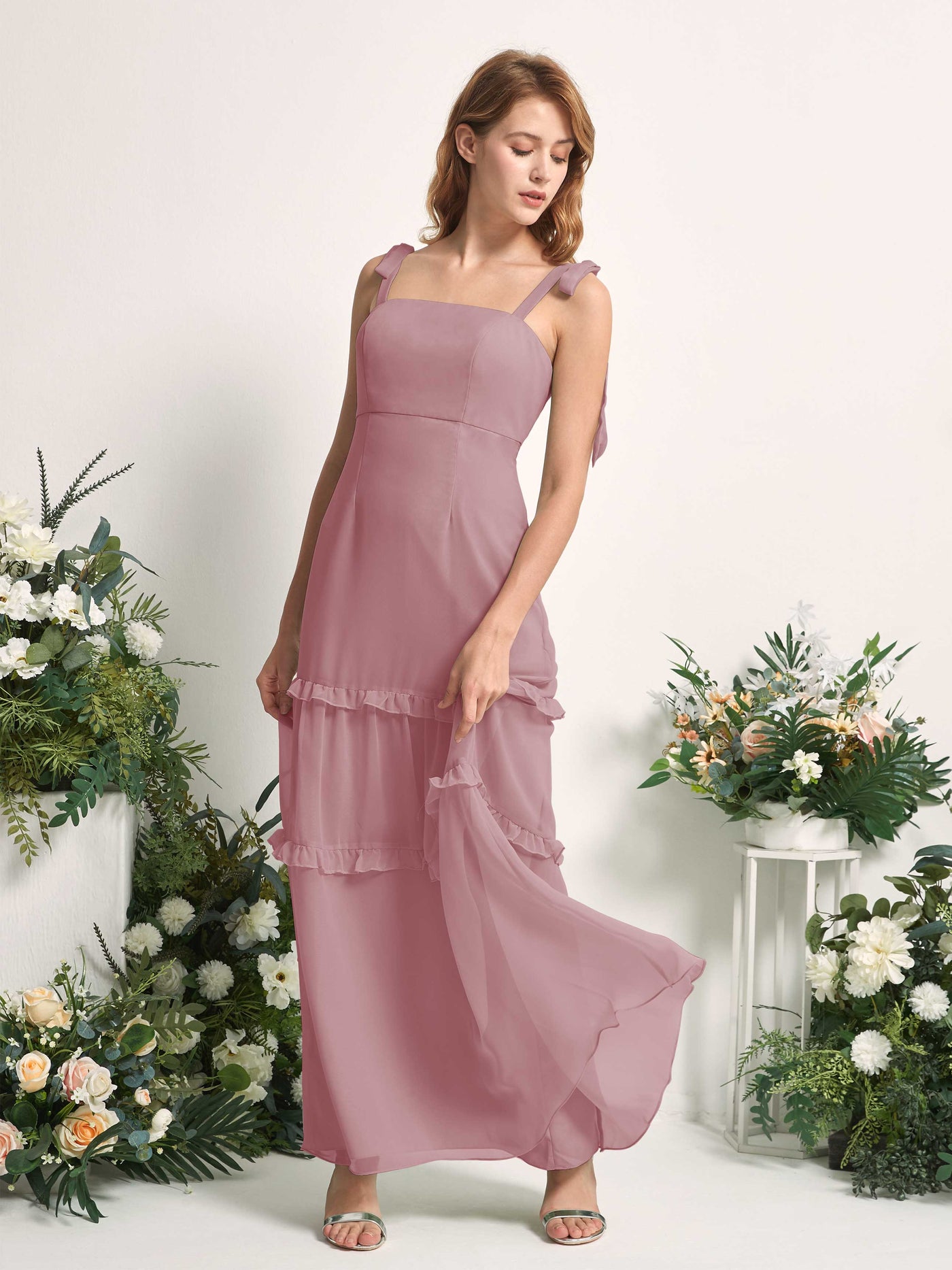 Carlyna A-Linien-Kleid Bodenlang Geradem Ausschnitt Rüschen Chiffon Brautjungfernkleid Klassisch Mauve #farbe_klassisch-mauve