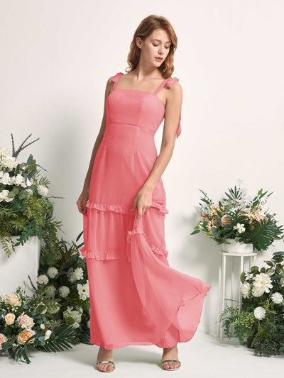 Carlyna A-Linien-Kleid Bodenlang Geradem Ausschnitt Rüschen Chiffon Brautjungfernkleid Korallenrosa #farbe_korallenrosa