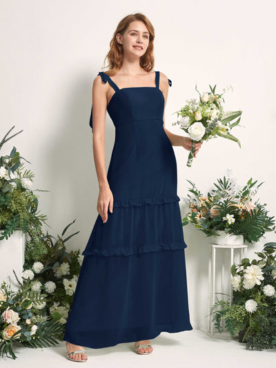 Carlyna A-Linien-Kleid Bodenlang Geradem Ausschnitt Rüschen Chiffon Brautjungfernkleid Marineblau #farbe_marineblau