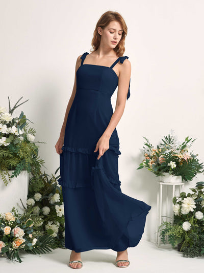 Carlyna A-Linien-Kleid Bodenlang Geradem Ausschnitt Rüschen Chiffon Brautjungfernkleid Marineblau #farbe_marineblau
