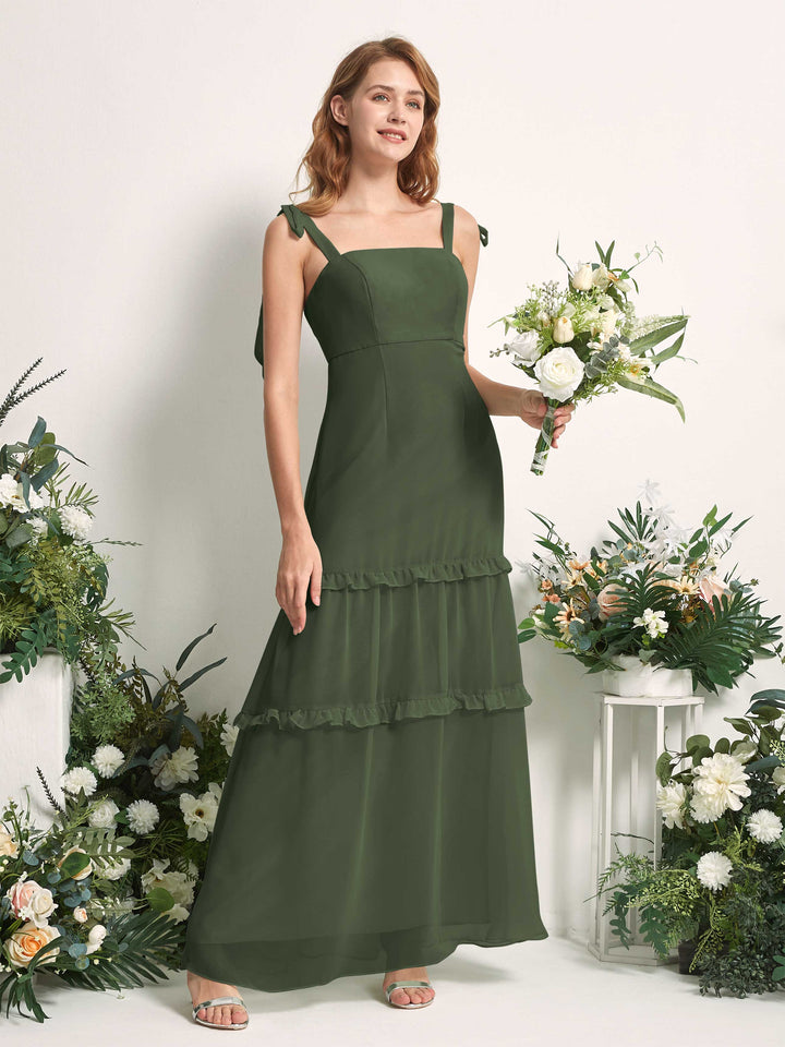 Carlyna A-Linien-Kleid Bodenlang Geradem Ausschnitt Rüschen Chiffon Brautjungfernkleid Martini-Olive 