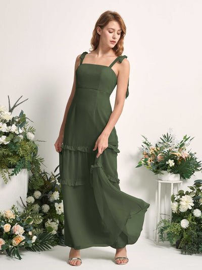 Carlyna A-Linien-Kleid Bodenlang Geradem Ausschnitt Rüschen Chiffon Brautjungfernkleid Martini-Olive #farbe_martini-olive