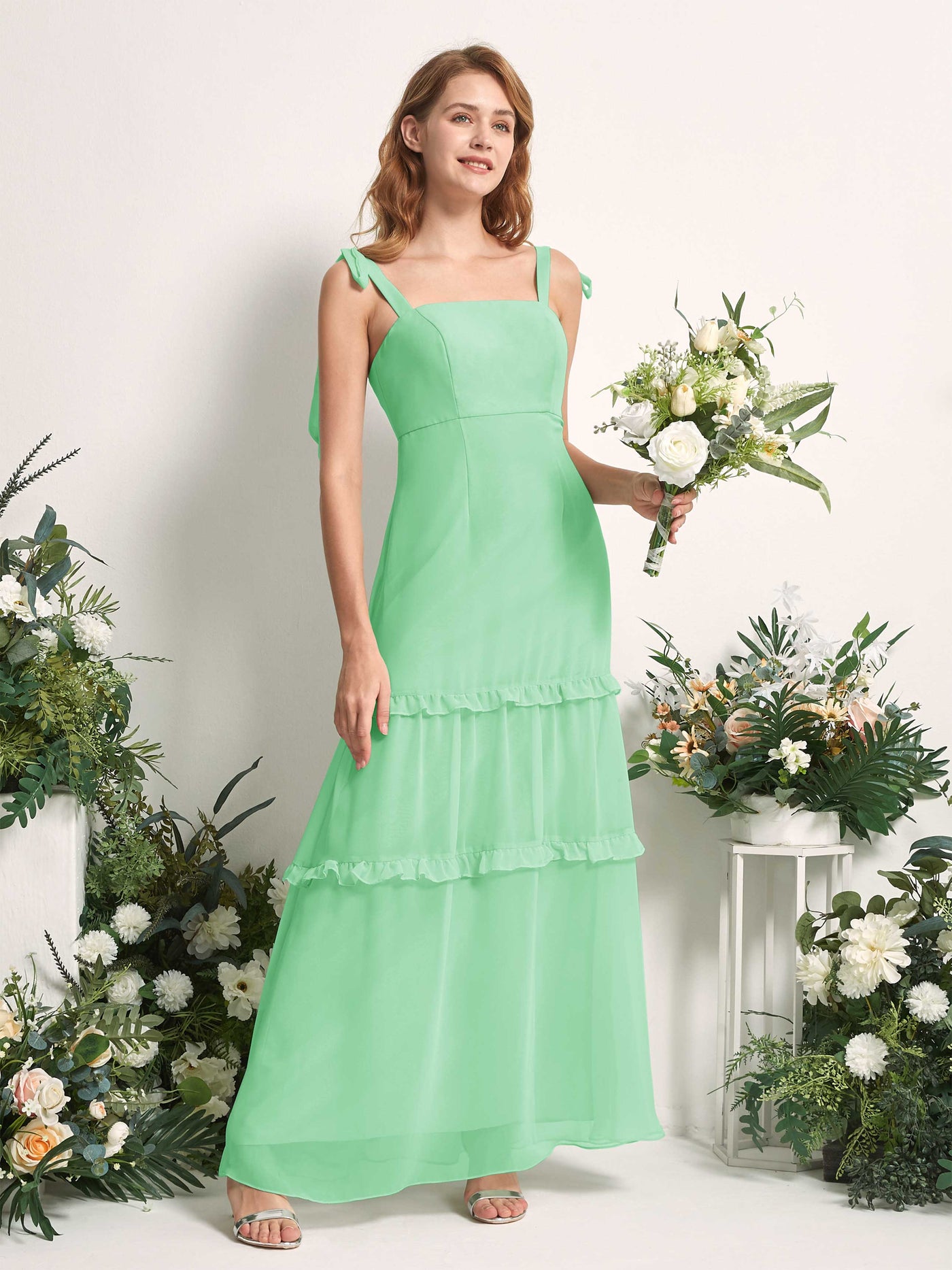 Carlyna A-Linien-Kleid Bodenlang Geradem Ausschnitt Rüschen Chiffon Brautjungfernkleid Minzgrün #farbe_minzgr-n