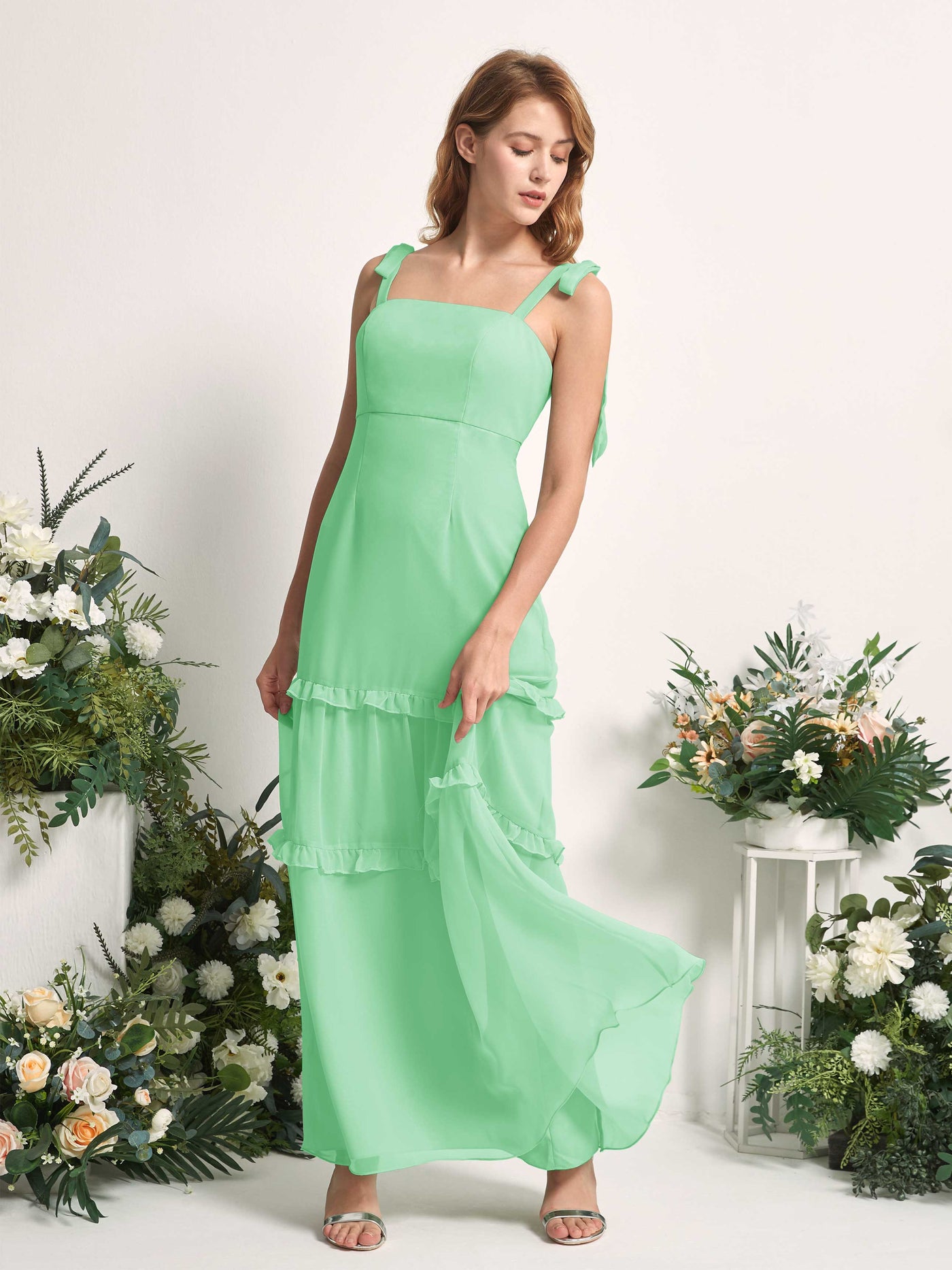 Carlyna A-Linien-Kleid Bodenlang Geradem Ausschnitt Rüschen Chiffon Brautjungfernkleid Minzgrün #farbe_minzgr-n