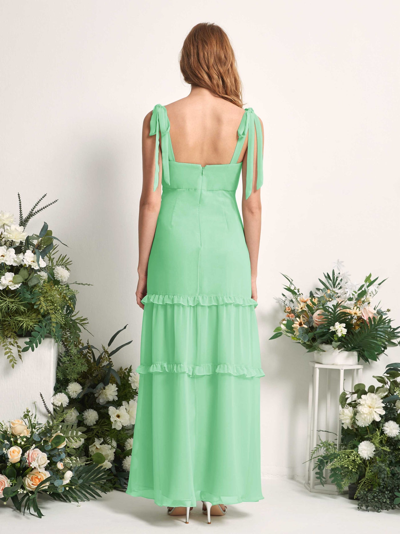 Carlyna A-Linien-Kleid Bodenlang Geradem Ausschnitt Rüschen Chiffon Brautjungfernkleid Minzgrün #farbe_minzgr-n