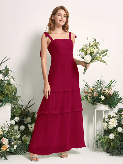 Carlyna A-Linien-Kleid Bodenlang Geradem Ausschnitt Rüschen Chiffon Brautjungfernkleid Narrenrot #farbe_narrenrot