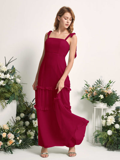 Carlyna A-Linien-Kleid Bodenlang Geradem Ausschnitt Rüschen Chiffon Brautjungfernkleid Narrenrot #farbe_narrenrot