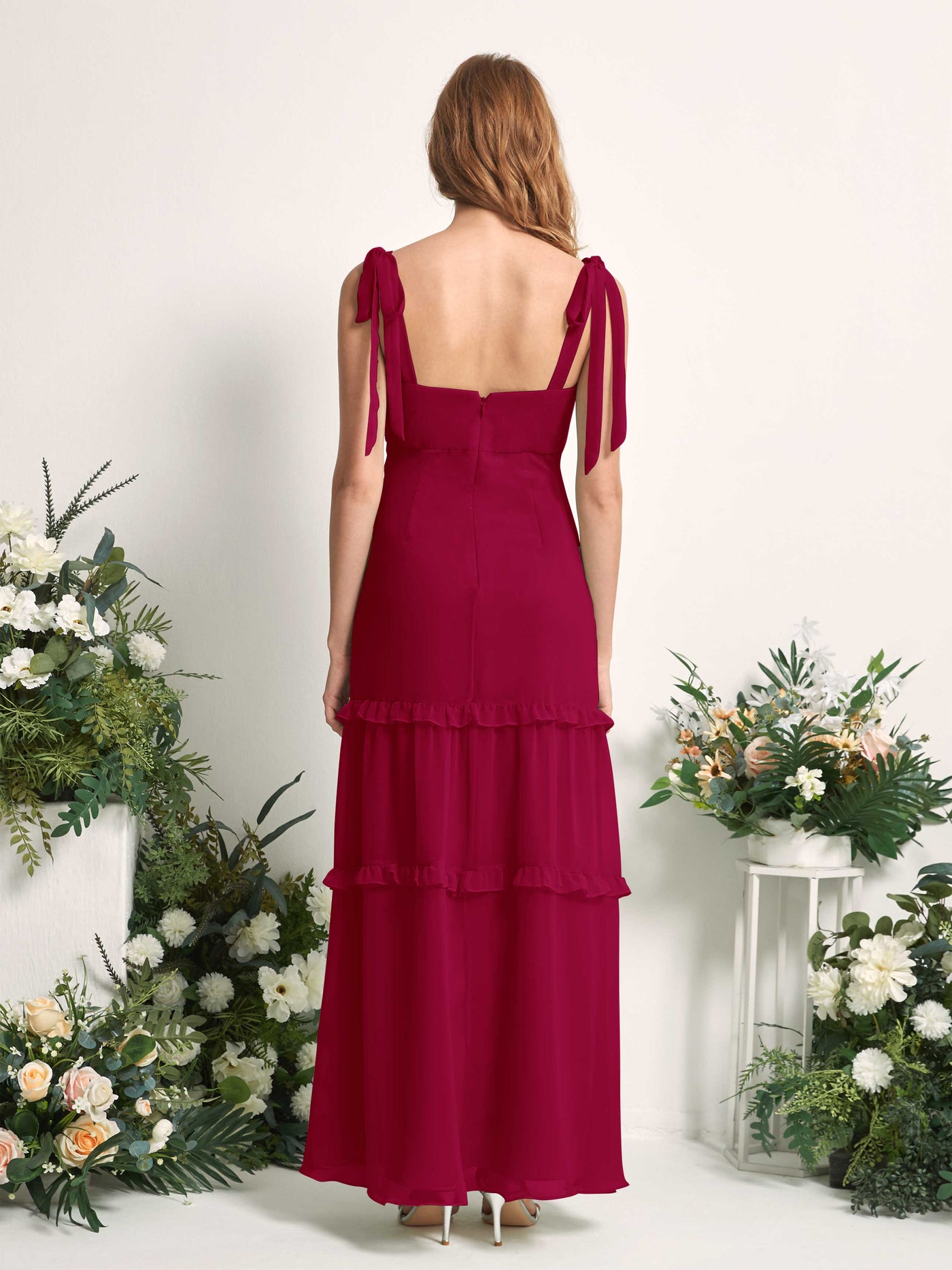 Carlyna A-Linien-Kleid Bodenlang Geradem Ausschnitt Rüschen Chiffon Brautjungfernkleid Narrenrot #farbe_narrenrot