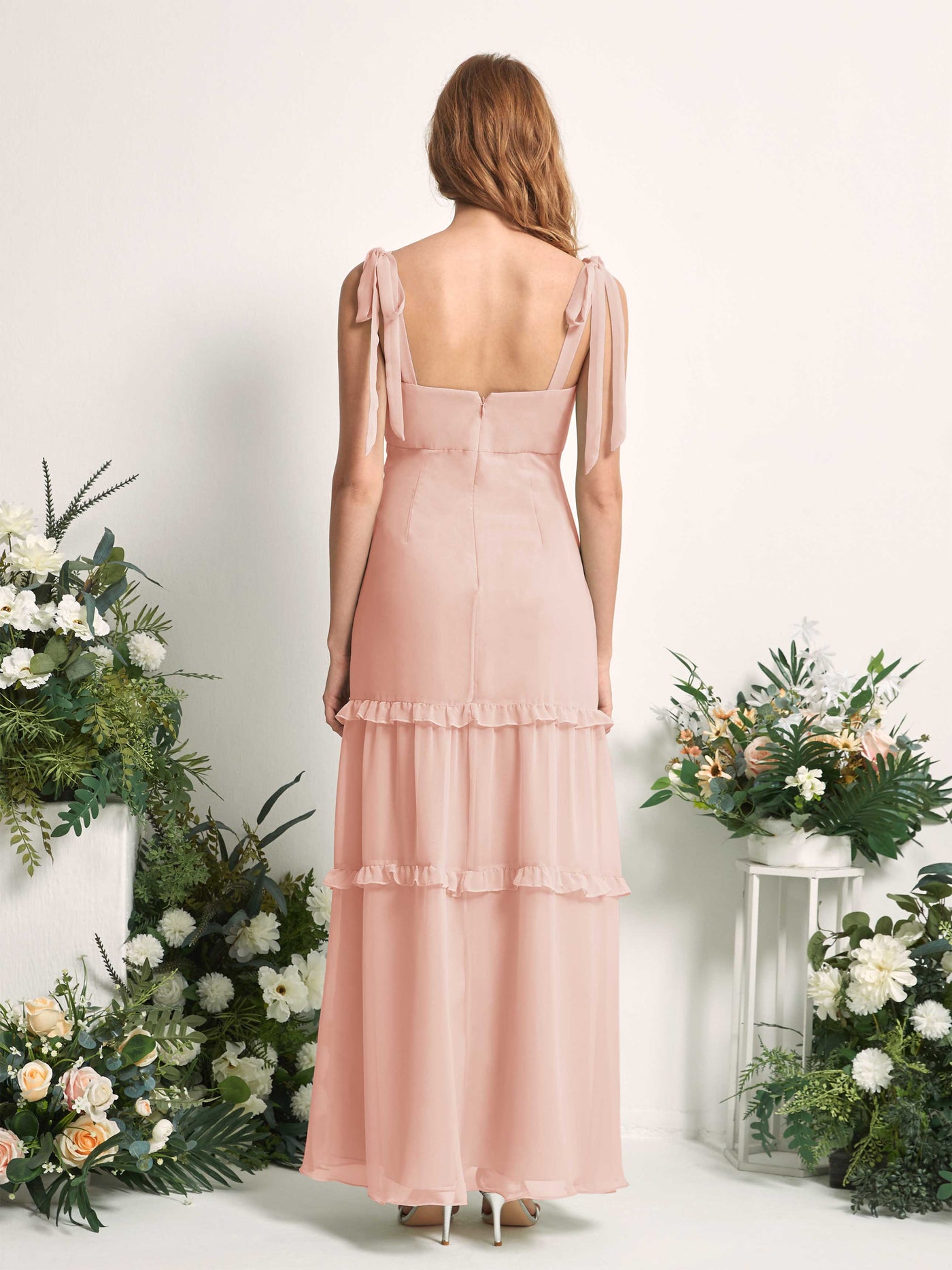 Carlyna A-Linien-Kleid Bodenlang Geradem Ausschnitt Rüschen Chiffon Brautjungfernkleid Perlrosa #farbe_perlrosa
