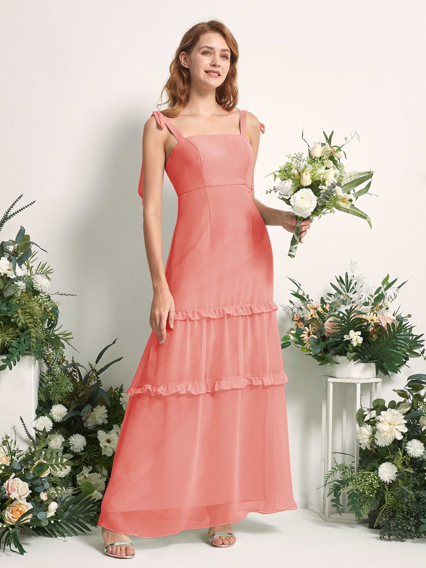 Carlyna A-Linien-Kleid Bodenlang Geradem Ausschnitt Rüschen Chiffon Brautjungfernkleid Pfirsichrosa #farbe_pfirsichrosa