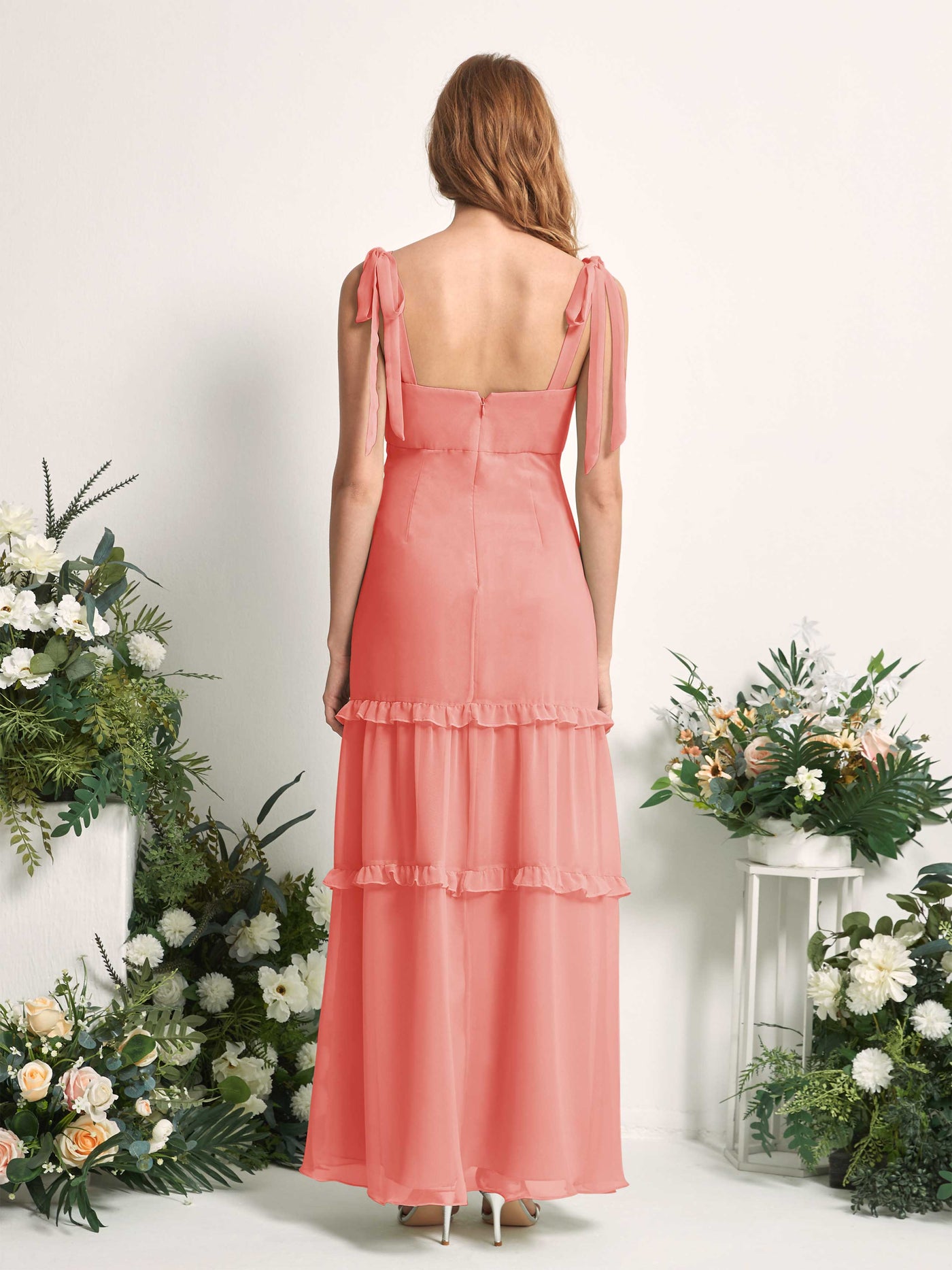 Carlyna A-Linien-Kleid Bodenlang Geradem Ausschnitt Rüschen Chiffon Brautjungfernkleid Pfirsichrosa #farbe_pfirsichrosa