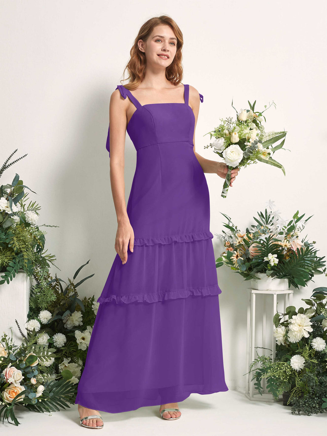 Carlyna A-Linien-Kleid Bodenlang Geradem Ausschnitt Rüschen Chiffon Brautjungfernkleid Regency 