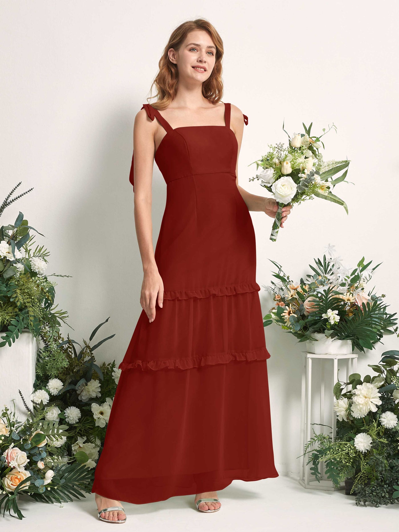 Carlyna A-Linien-Kleid Bodenlang Geradem Ausschnitt Rüschen Chiffon Brautjungfernkleid Rostrot #farbe_rostrot