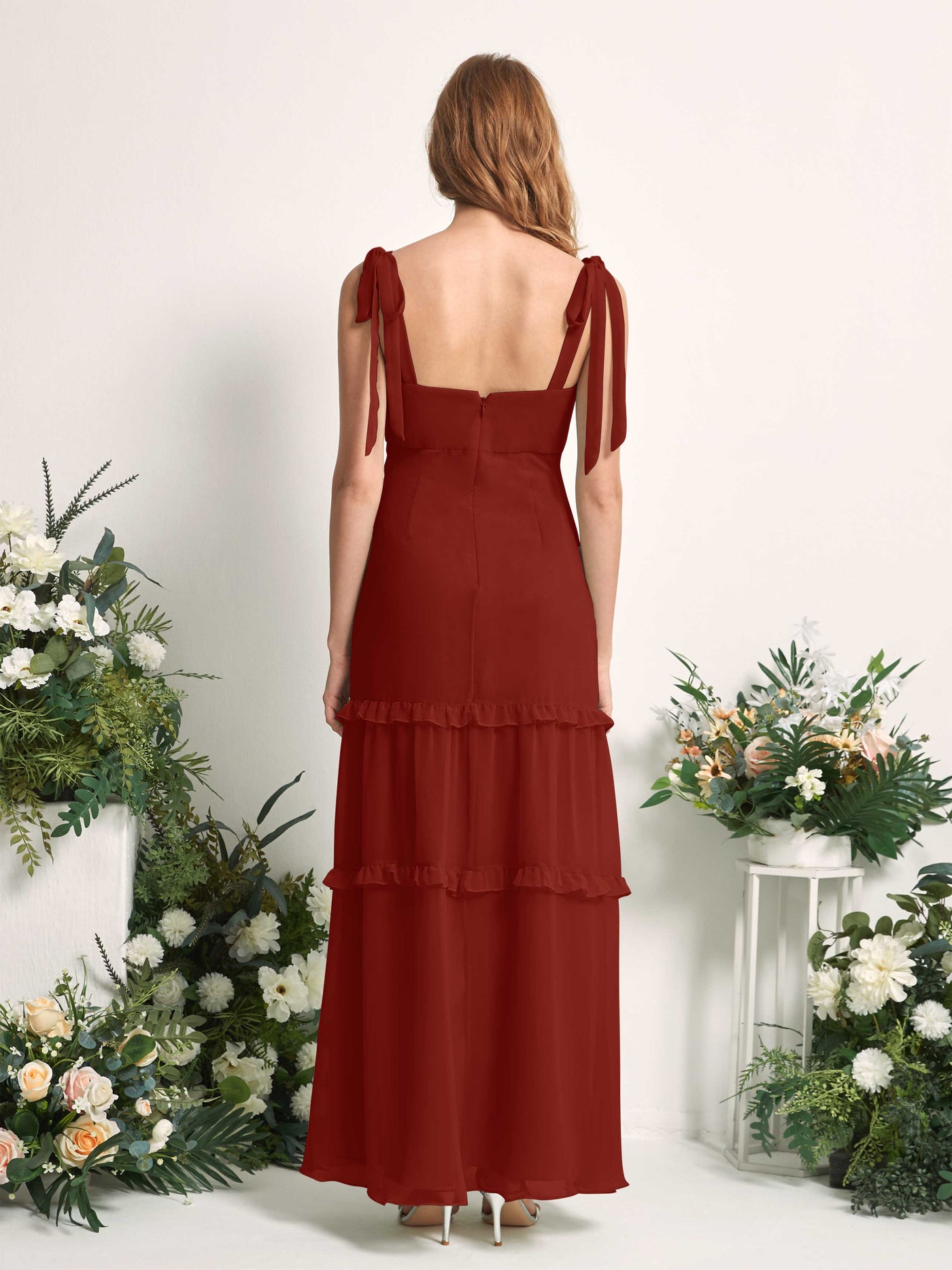 Carlyna A-Linien-Kleid Bodenlang Geradem Ausschnitt Rüschen Chiffon Brautjungfernkleid Rostrot #farbe_rostrot