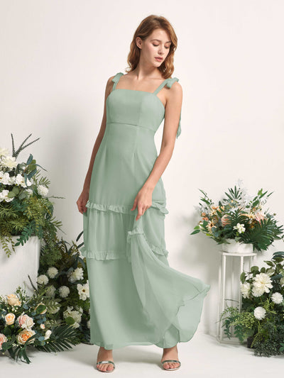 Carlyna A-Linien-Kleid Bodenlang Geradem Ausschnitt Rüschen Chiffon Brautjungfernkleid Salbeigrün #farbe_salbeigr-n