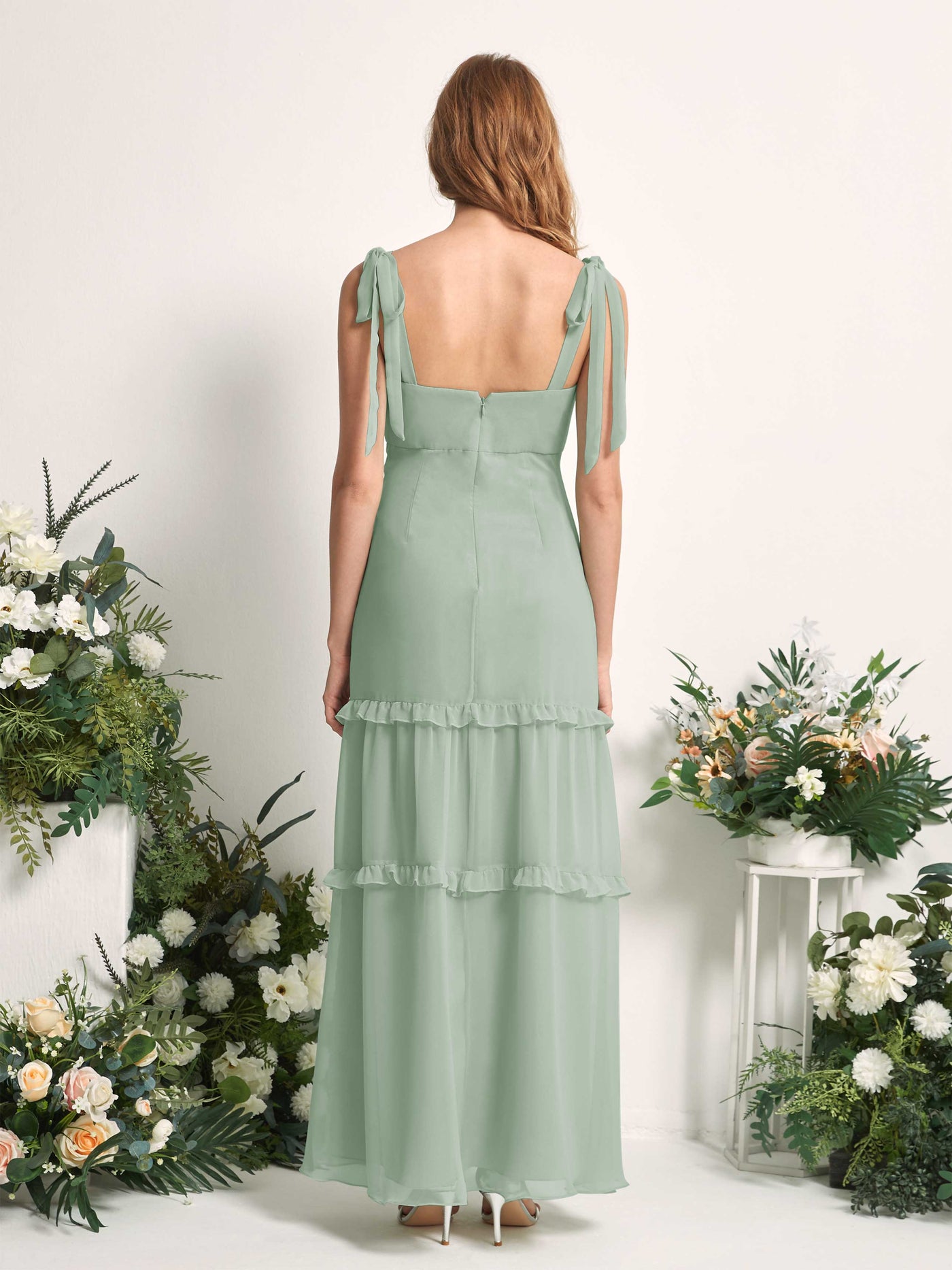 Carlyna A-Linien-Kleid Bodenlang Geradem Ausschnitt Rüschen Chiffon Brautjungfernkleid Salbeigrün #farbe_salbeigr-n