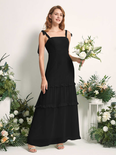 Carlyna A-Linien-Kleid Bodenlang Geradem Ausschnitt Rüschen Chiffon Brautjungfernkleid Schwarz #farbe_schwarz