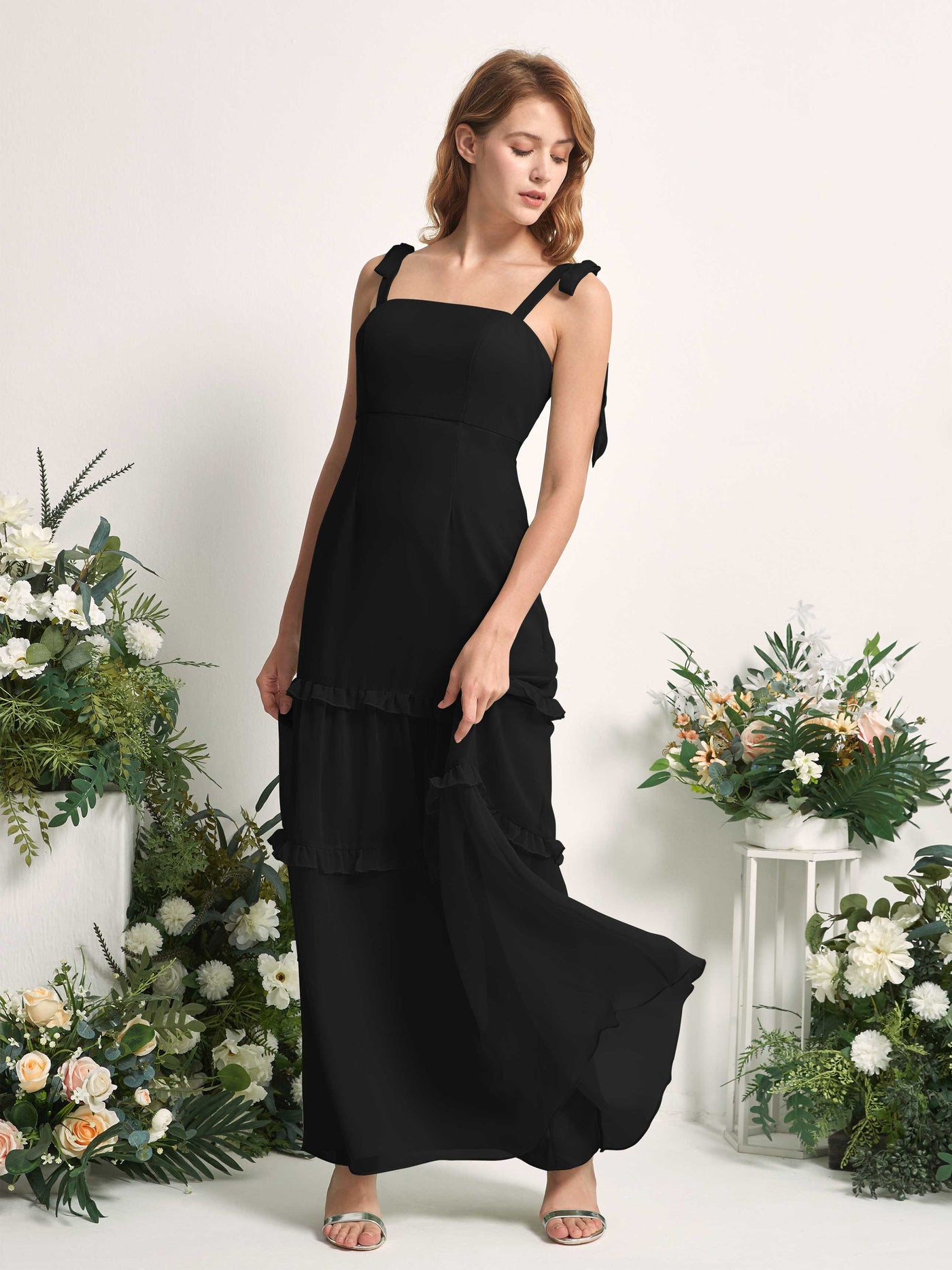 Carlyna A-Linien-Kleid Bodenlang Geradem Ausschnitt Rüschen Chiffon Brautjungfernkleid Schwarz #farbe_schwarz