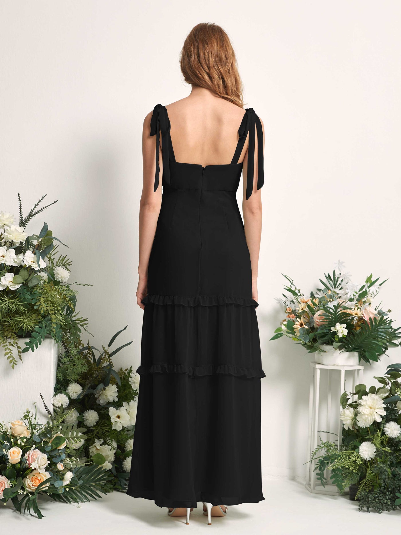 Carlyna A-Linien-Kleid Bodenlang Geradem Ausschnitt Rüschen Chiffon Brautjungfernkleid Schwarz #farbe_schwarz