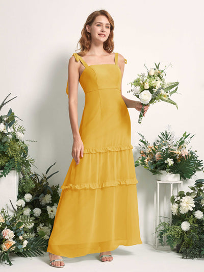 Carlyna A-Linien-Kleid Bodenlang Geradem Ausschnitt Rüschen Chiffon Brautjungfernkleid Senfgelb #farbe_senfgelb