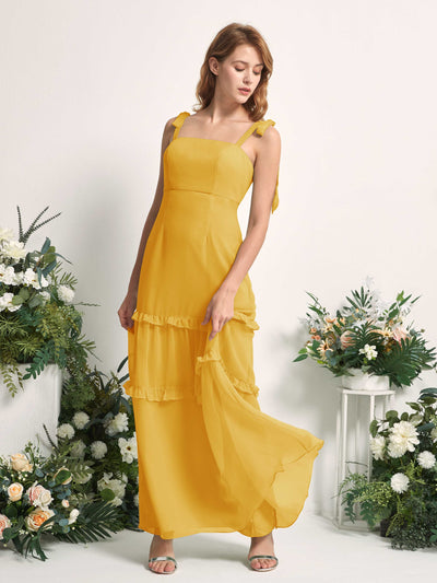 Carlyna A-Linien-Kleid Bodenlang Geradem Ausschnitt Rüschen Chiffon Brautjungfernkleid Senfgelb #farbe_senfgelb