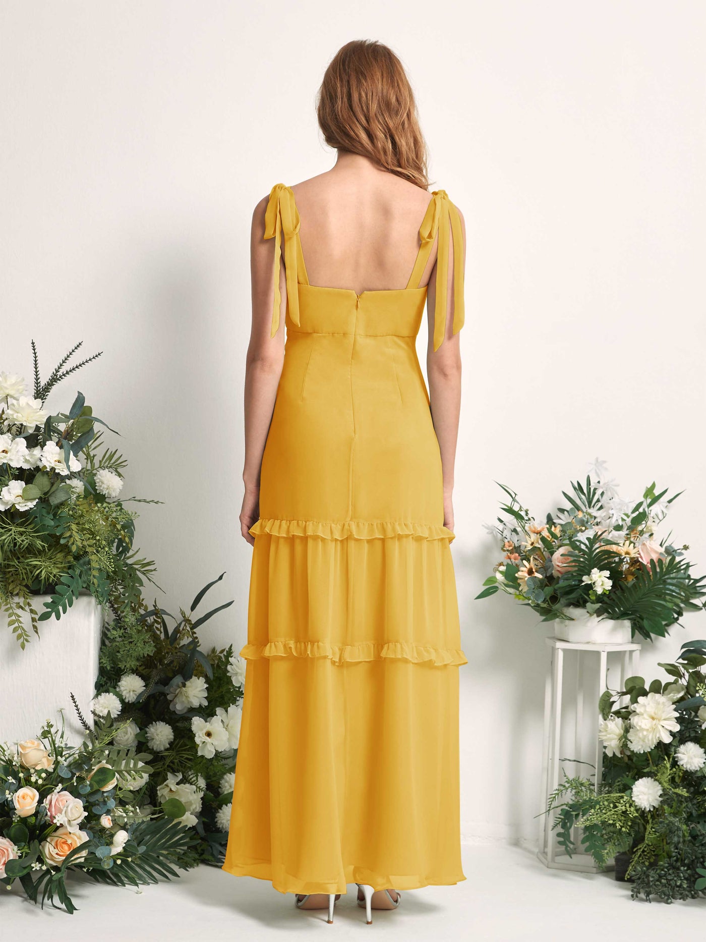 Carlyna A-Linien-Kleid Bodenlang Geradem Ausschnitt Rüschen Chiffon Brautjungfernkleid Senfgelb #farbe_senfgelb