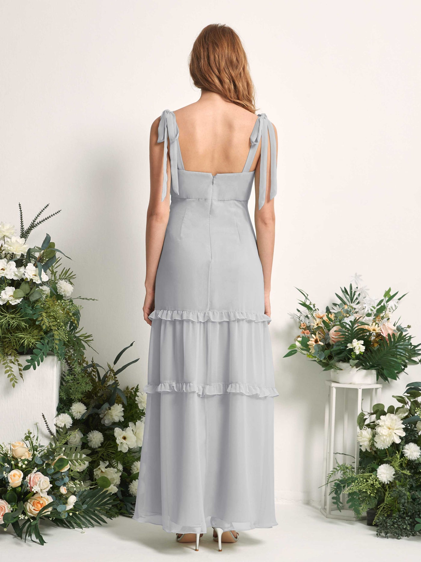 Carlyna A-Linien-Kleid Bodenlang Geradem Ausschnitt Rüschen Chiffon Brautjungfernkleid Silber #farbe_silber