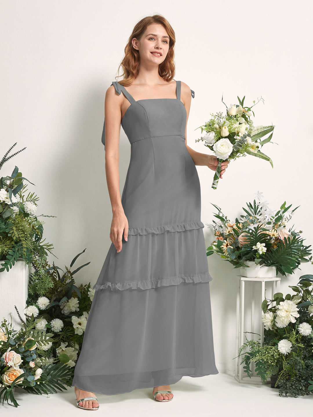 Carlyna A-Linien-Kleid Bodenlang Geradem Ausschnitt Rüschen Chiffon Brautjungfernkleid Stahlgrau 