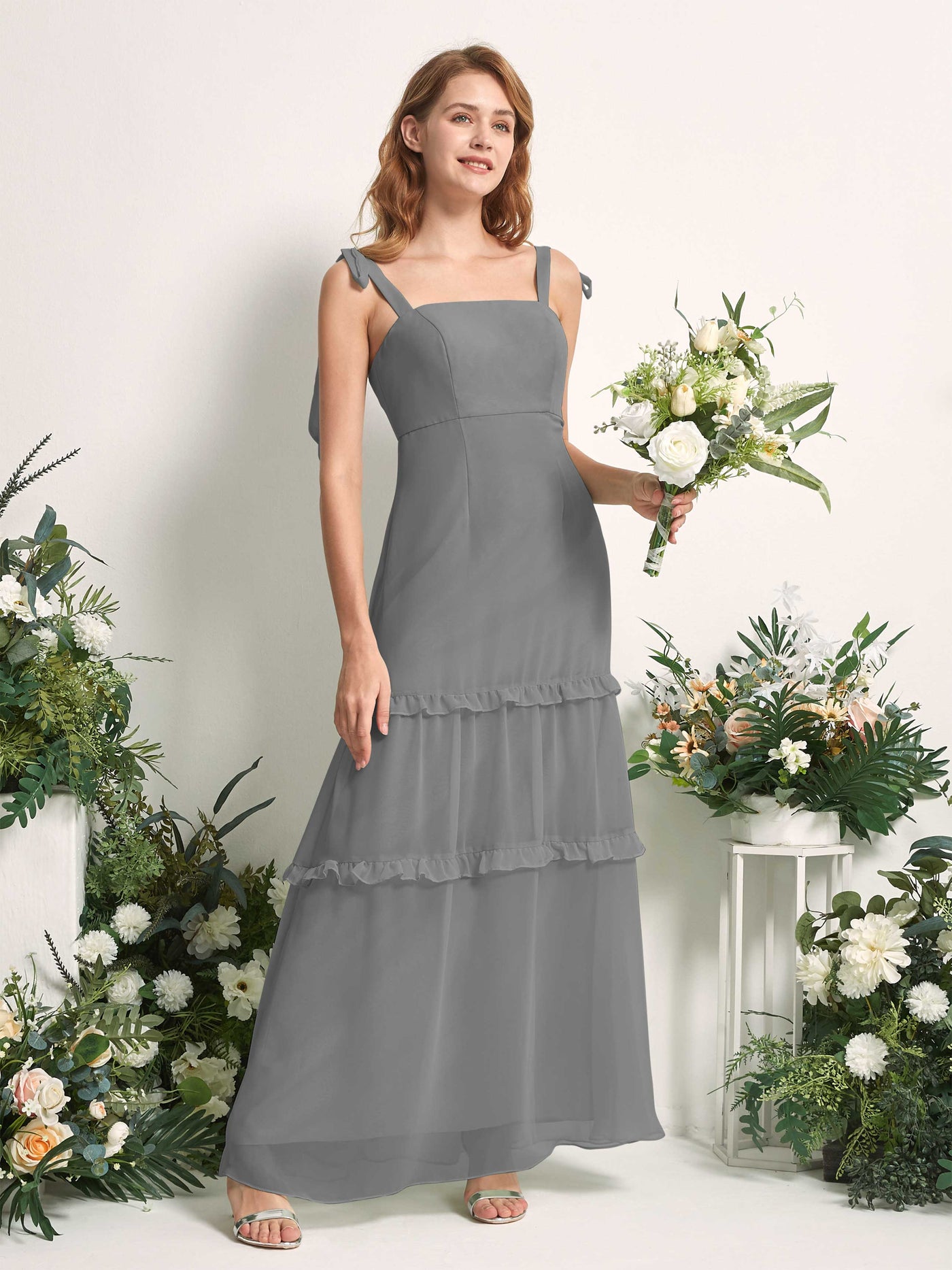 Carlyna A-Linien-Kleid Bodenlang Geradem Ausschnitt Rüschen Chiffon Brautjungfernkleid Stahlgrau #farbe_stahlgrau