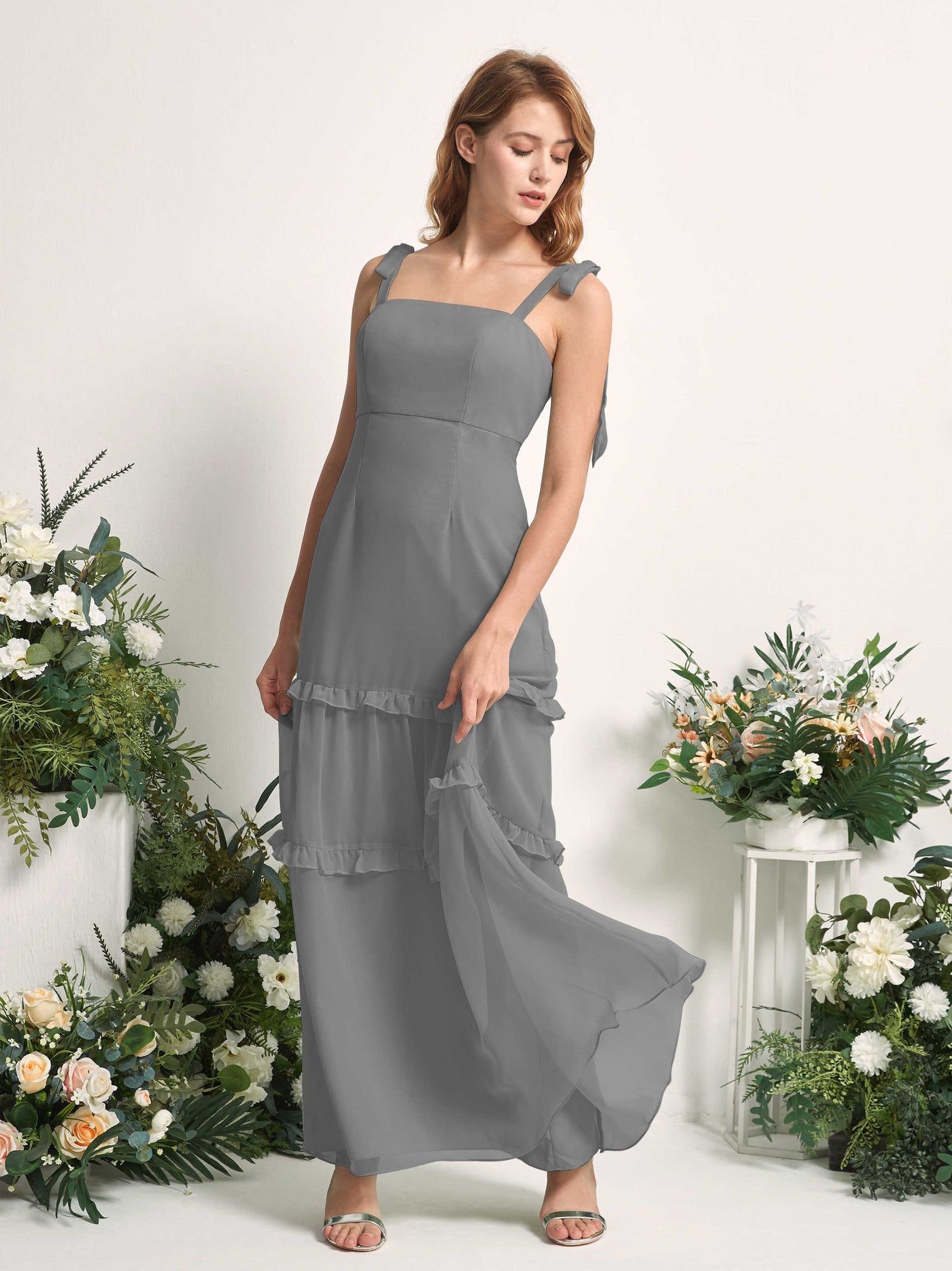 Carlyna A-Linien-Kleid Bodenlang Geradem Ausschnitt Rüschen Chiffon Brautjungfernkleid Stahlgrau #farbe_stahlgrau