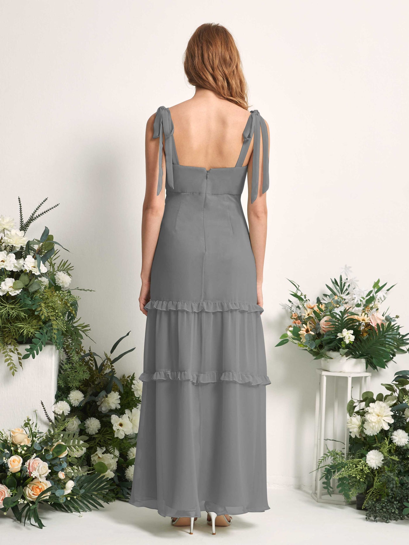 Carlyna A-Linien-Kleid Bodenlang Geradem Ausschnitt Rüschen Chiffon Brautjungfernkleid Stahlgrau #farbe_stahlgrau