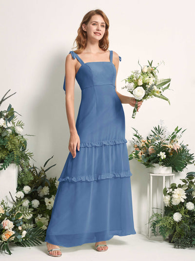 Carlyna A-Linien-Kleid Bodenlang Geradem Ausschnitt Rüschen Chiffon Brautjungfernkleid Staubiges Blau #farbe_staubiges-blau