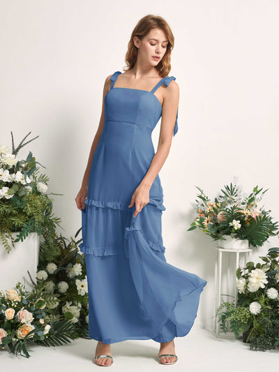 Carlyna A-Linien-Kleid Bodenlang Geradem Ausschnitt Rüschen Chiffon Brautjungfernkleid Staubiges Blau #farbe_staubiges-blau