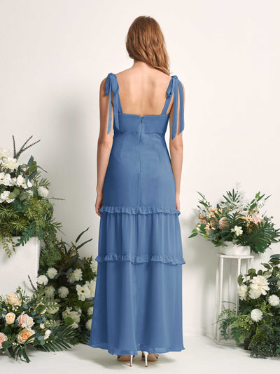 Carlyna A-Linien-Kleid Bodenlang Geradem Ausschnitt Rüschen Chiffon Brautjungfernkleid Staubiges Blau #farbe_staubiges-blau