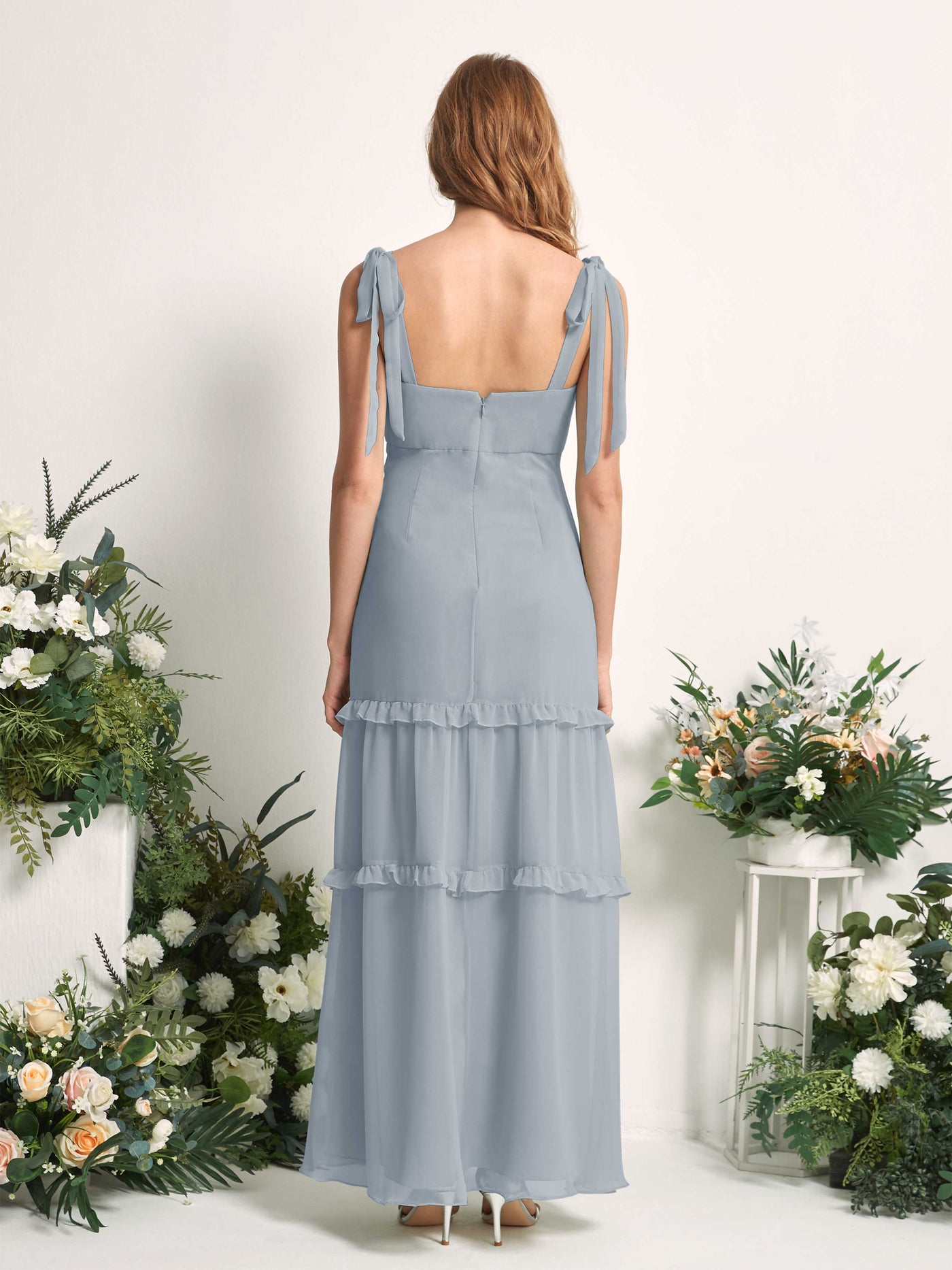 Carlyna A-Linien-Kleid Bodenlang Geradem Ausschnitt Rüschen Chiffon Brautjungfernkleid Staubiges Blau-Upgrade #farbe_staubiges-blau-upgrade