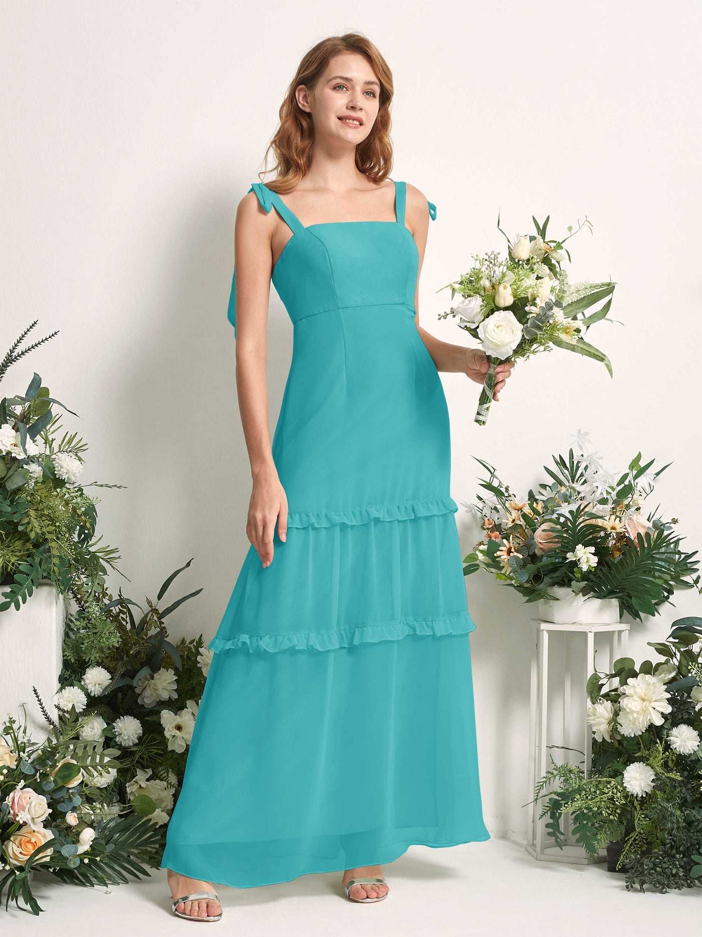 Carlyna A-Linien-Kleid Bodenlang Geradem Ausschnitt Rüschen Chiffon Brautjungfernkleid Türkis #farbe_t-rkis