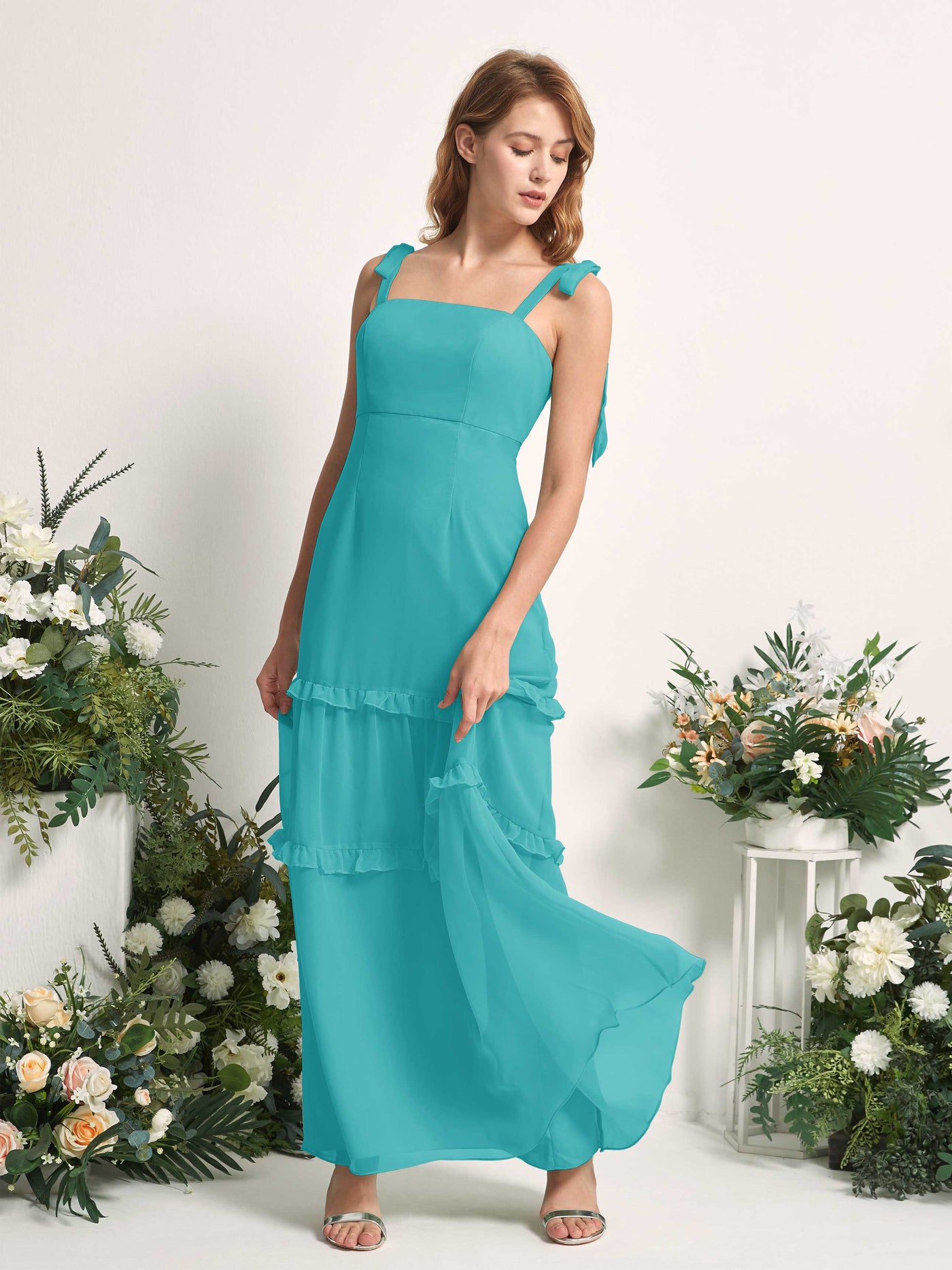 Carlyna A-Linien-Kleid Bodenlang Geradem Ausschnitt Rüschen Chiffon Brautjungfernkleid Türkis #farbe_t-rkis
