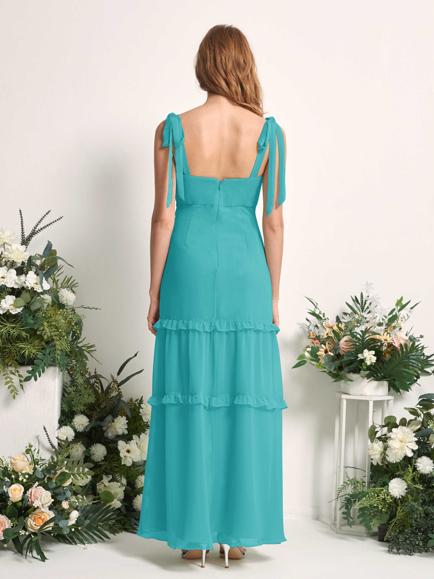Carlyna A-Linien-Kleid Bodenlang Geradem Ausschnitt Rüschen Chiffon Brautjungfernkleid Türkis #farbe_t-rkis