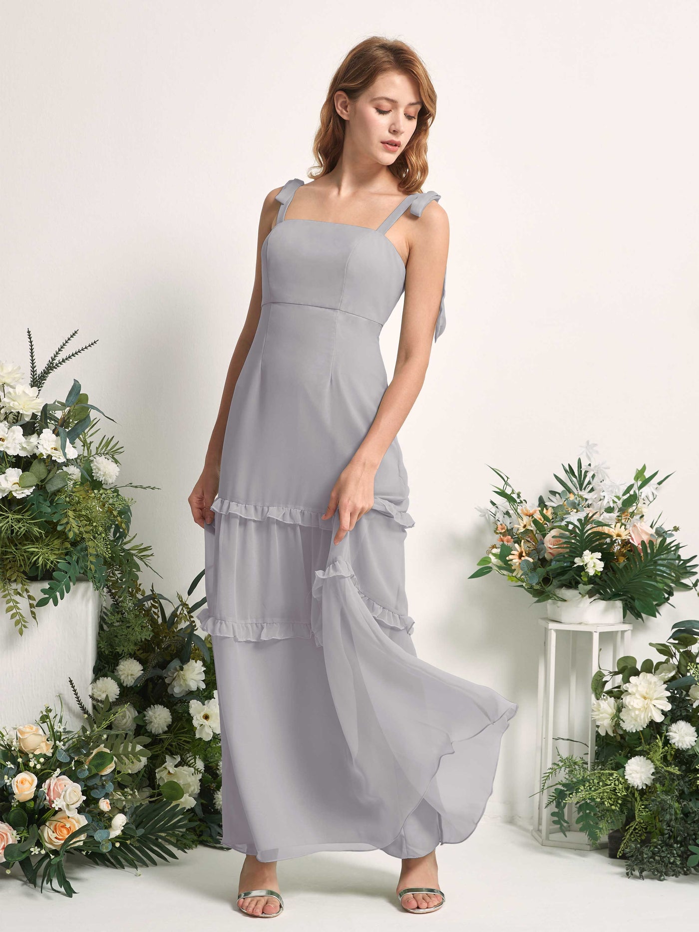 Carlyna A-Linien-Kleid Bodenlang Geradem Ausschnitt Rüschen Chiffon Brautjungfernkleid Taube #farbe_taube
