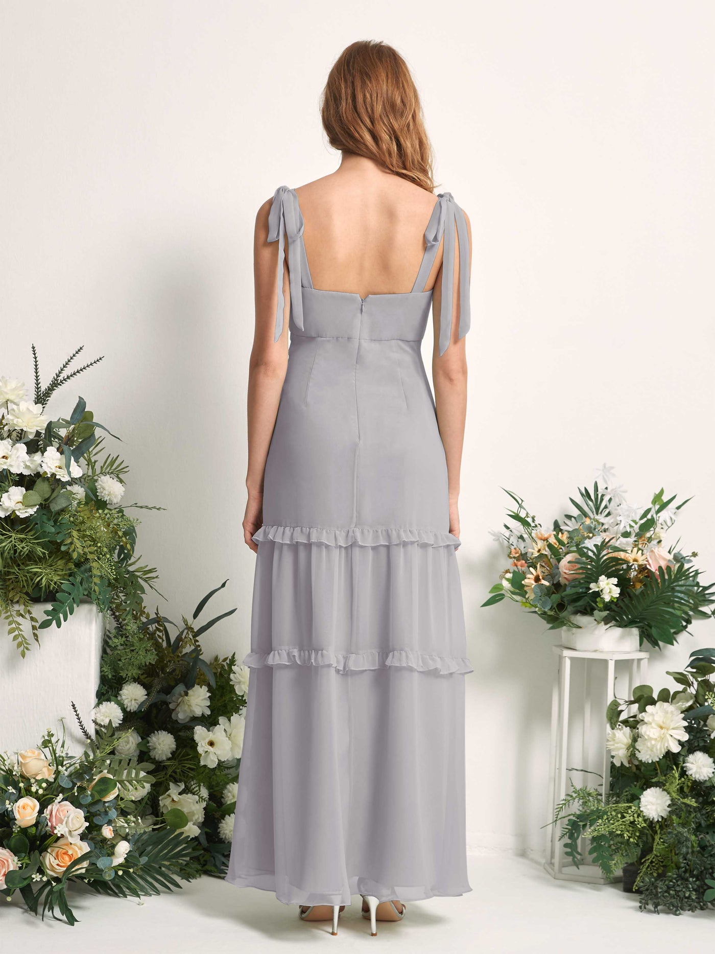 Carlyna A-Linien-Kleid Bodenlang Geradem Ausschnitt Rüschen Chiffon Brautjungfernkleid Taube #farbe_taube
