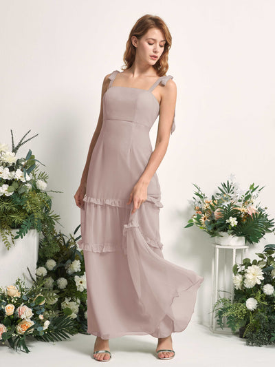 Carlyna A-Linien-Kleid Bodenlang Geradem Ausschnitt Rüschen Chiffon Brautjungfernkleid Taupe #farbe_taupe