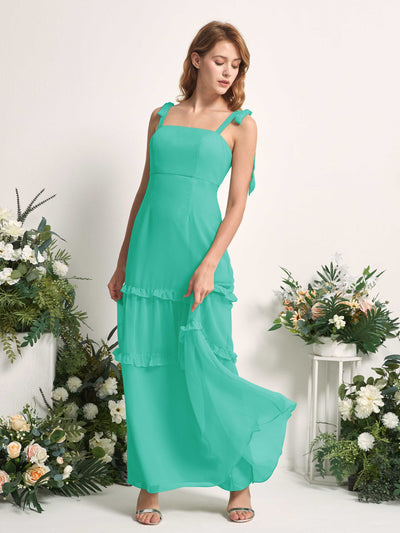 Carlyna A-Linien-Kleid Bodenlang Geradem Ausschnitt Rüschen Chiffon Brautjungfernkleid Tiffany-Blau #farbe_tiffany-blau