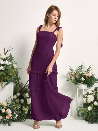 Carlyna A-Linien-Kleid Bodenlang Geradem Ausschnitt Rüschen Chiffon Brautjungfernkleid Traube #farbe_traube