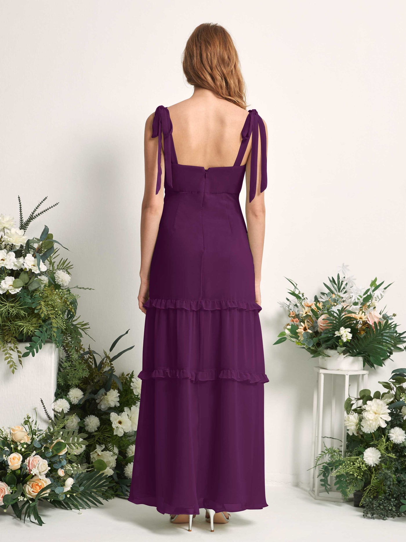 Carlyna A-Linien-Kleid Bodenlang Geradem Ausschnitt Rüschen Chiffon Brautjungfernkleid Traube #farbe_traube