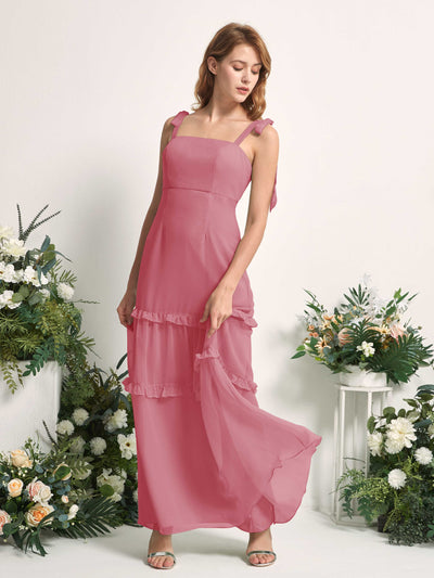 Carlyna A-Linien-Kleid Bodenlang Geradem Ausschnitt Rüschen Chiffon Brautjungfernkleid Wüstenrose #farbe_w-stenrose