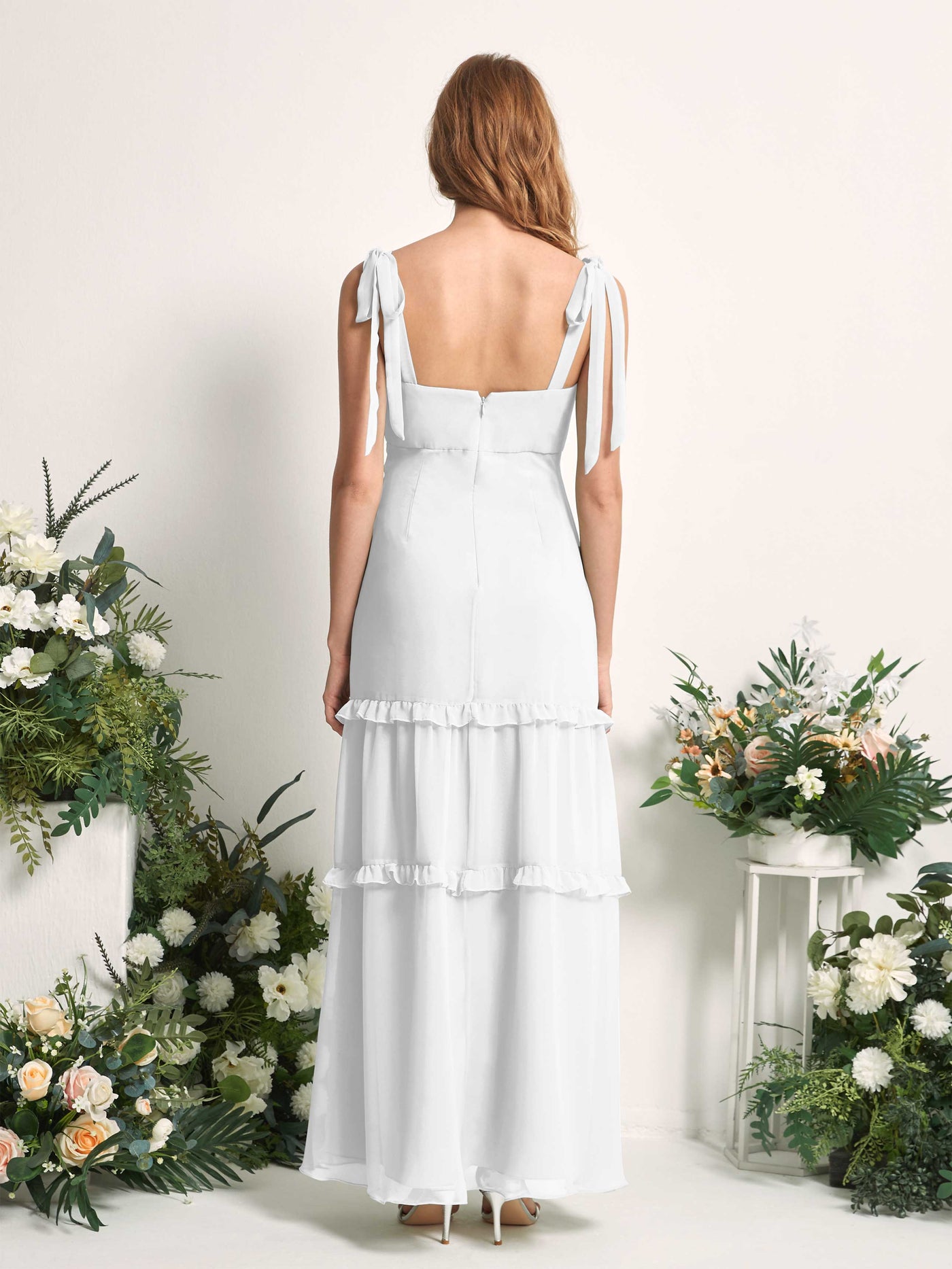 Carlyna A-Linien-Kleid Bodenlang Geradem Ausschnitt Rüschen Chiffon Brautjungfernkleid Weiß #farbe_wei