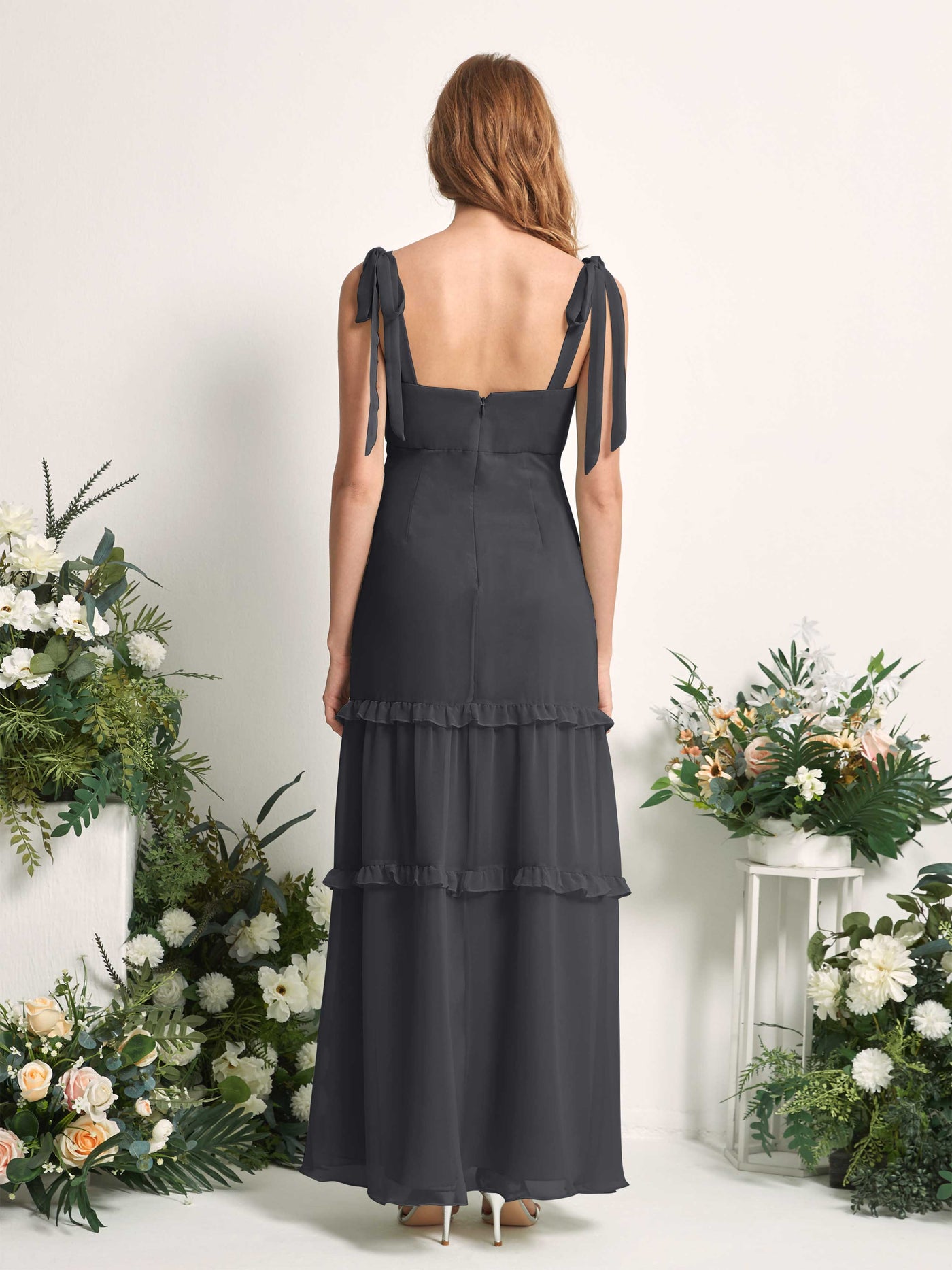 Carlyna A-Linien-Kleid Bodenlang Geradem Ausschnitt Rüschen Chiffon Brautjungfernkleid Zinnfarben #farbe_zinnfarben
